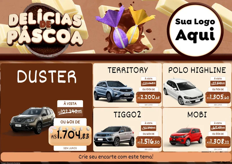 Modelo de Encarte para Encarte A4 Horizontal com o tema Delícias de Páscoa para Concessionaria de Carros
