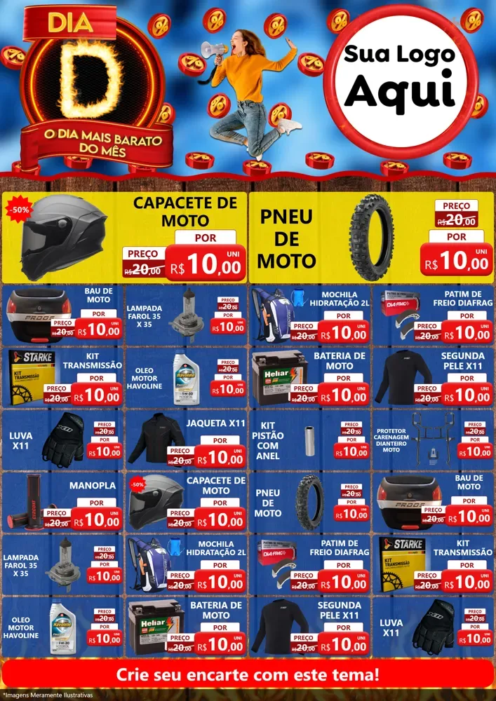 Modelo de Encarte para Encarte A4 Vertical com o tema Dia D - O Dia Mais Barato Do Mês para Moto peças