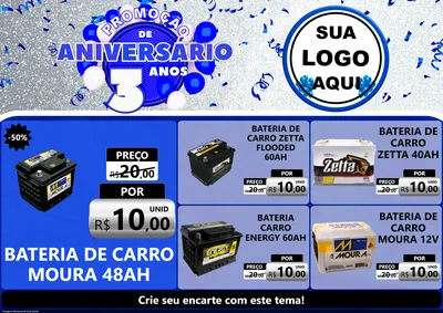 Modelo de Encarte para Encarte A4 Horizontal com o tema Promoção de Aniversário - 3 Anos para Baterias Elétricas