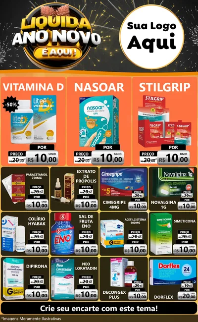 Modelo de Encarte para Encarte Grande com o tema Liquida Ano Novo É Aqui! para Farmácia