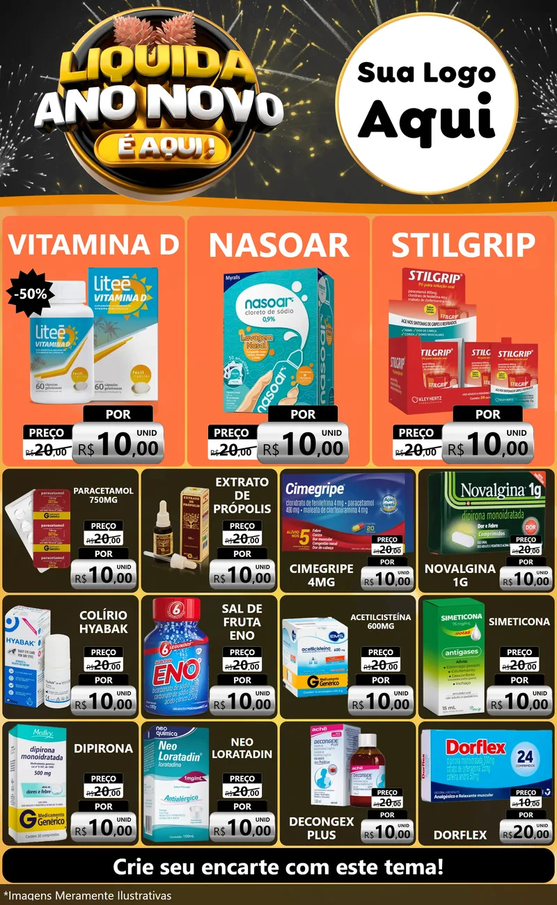 Modelo de Encarte para Encarte Grande com o tema Liquida Ano Novo É Aqui! para Farmácia