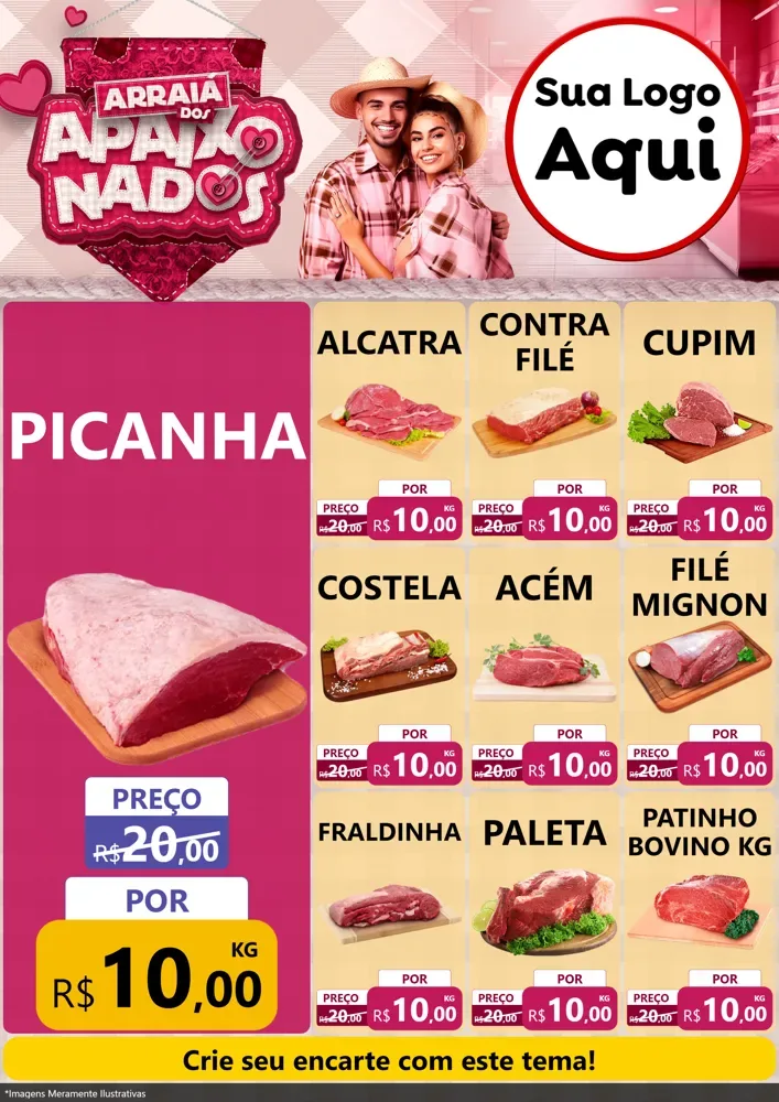 Modelo de Encarte para Encarte A4 Vertical com o tema Arraiá dos Apaixonados - Junina para Açougue
