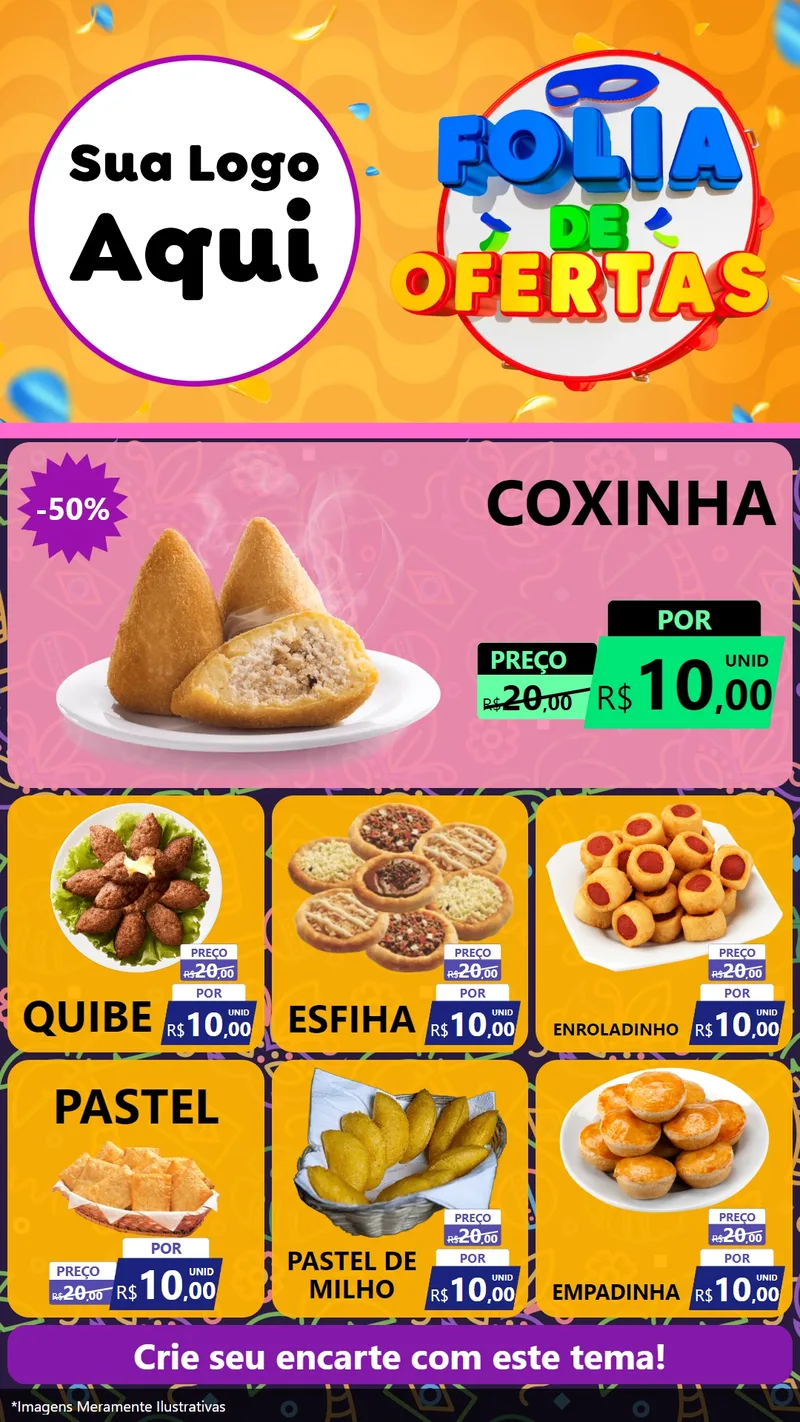 Modelo de Rede Social para Stories com o tema Folia de Ofertas para Salgadaria