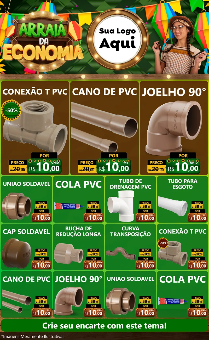 Modelo de Encarte para Encarte Grande com o tema Arraiá de Economia para Tubos e conexões