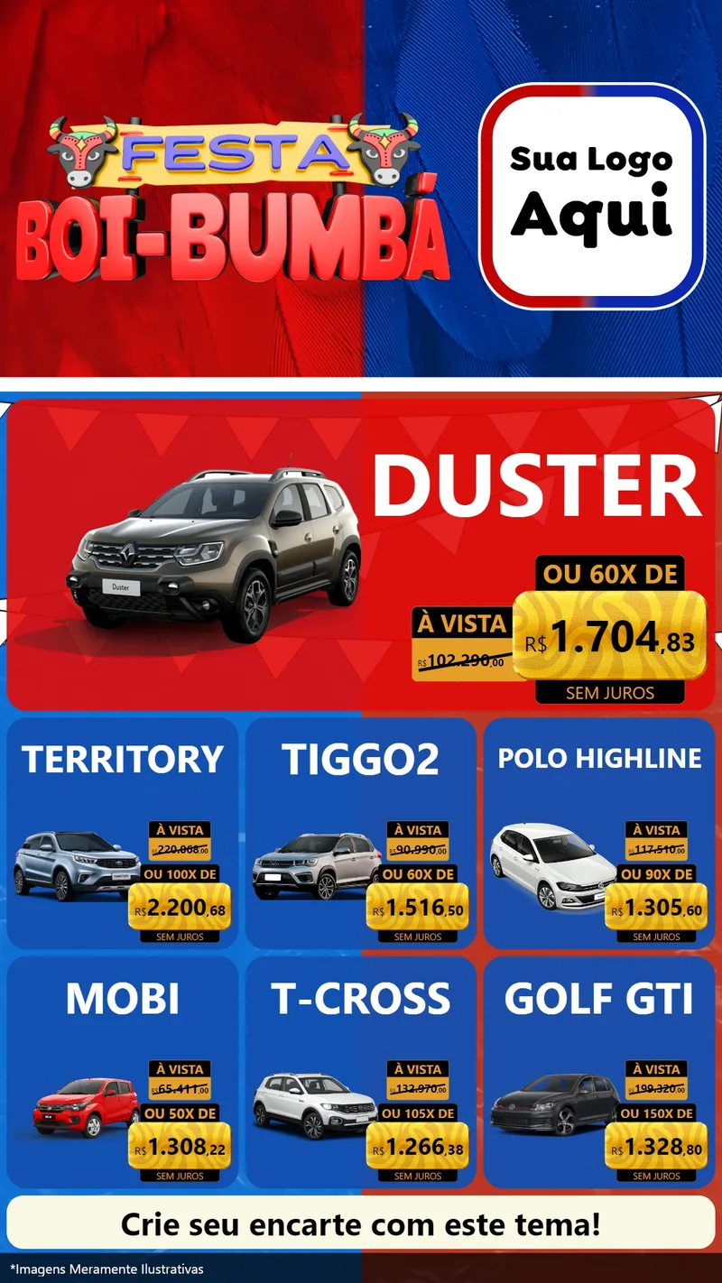 Modelo de Rede Social para Stories com o tema Festa Boi Bumbá para Concessionaria de Carros