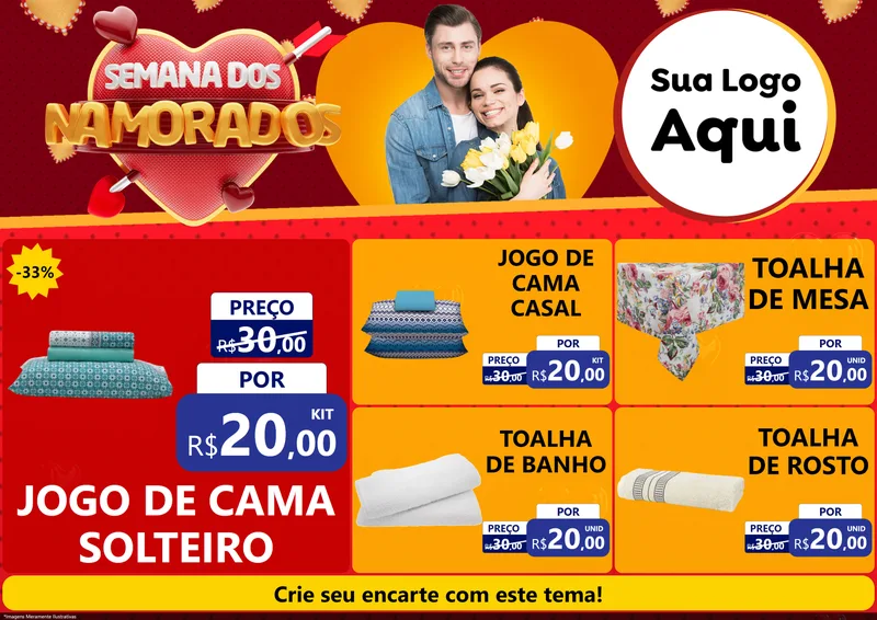 Modelo de Encarte para Encarte A4 Horizontal com o tema Semana dos Namorados para Cama, Mesa e Banho