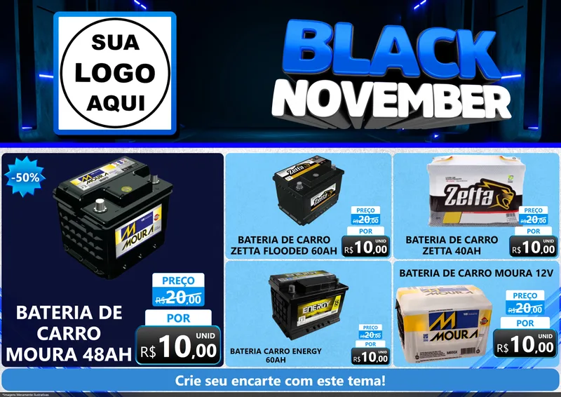 Modelo de Encarte para Encarte A4 Horizontal com o tema Black November para Baterias Elétricas
