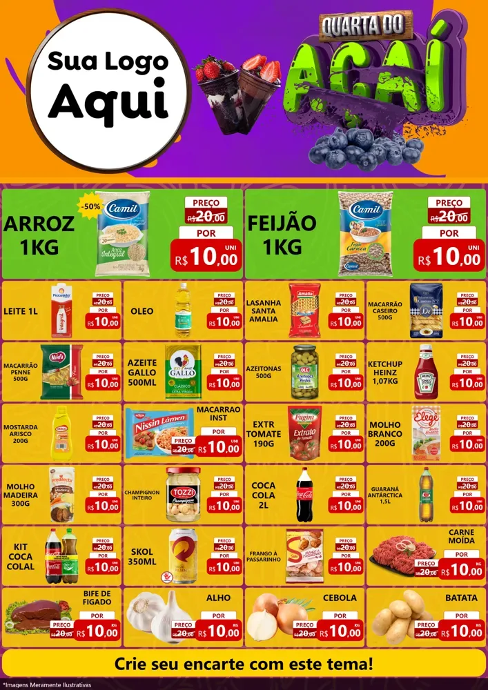 Modelo de Encarte para Encarte A4 Vertical com o tema Quarta do Açaí para Supermercado