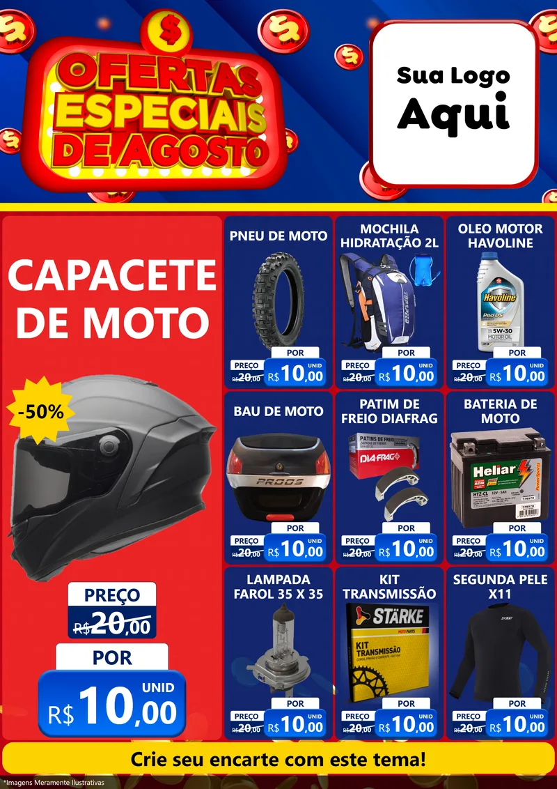 Modelo de Encarte para Encarte A4 Vertical com o tema Ofertas Especiais de Agosto para Moto peças