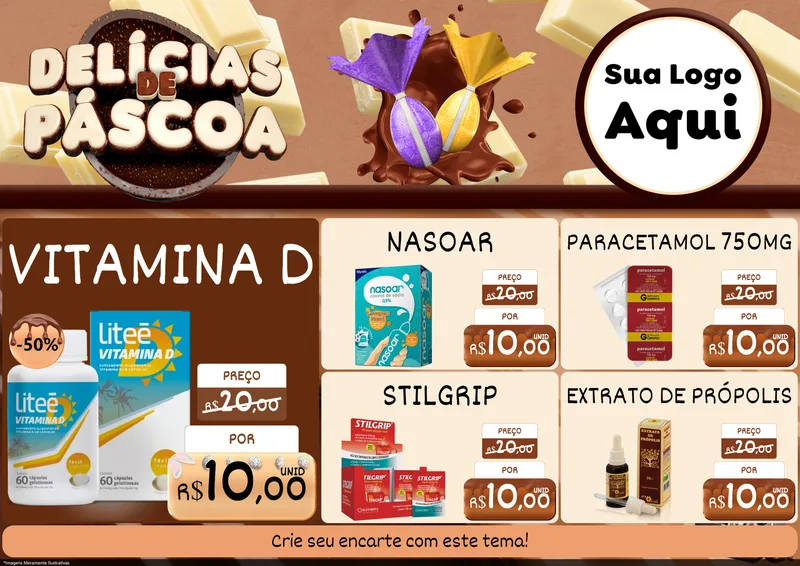 Modelo de Encarte para Encarte A4 Horizontal com o tema Delícias de Páscoa para Farmácia