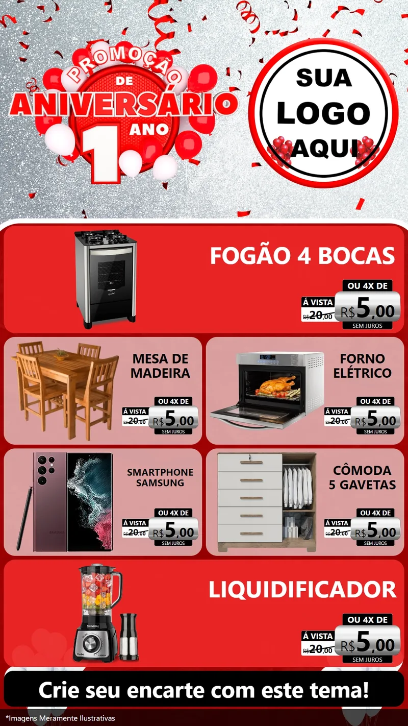Modelo de TV para TV Vertical com o tema Promoção de Aniversário - 1 Ano para Móveis e Eletro