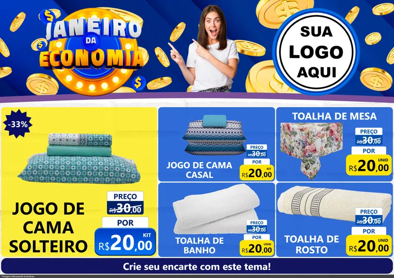 Modelo de Encarte para Encarte A4 Horizontal com o tema Janeiro da Economia para Cama, Mesa e Banho