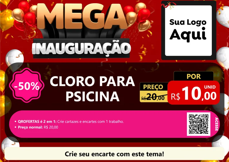 Modelo de Cartaz para Cartaz A4 Horizontal com o tema Mega Inauguração para Produtos para Piscina