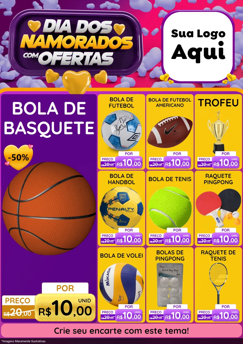 Modelo de Encarte para Encarte A4 Vertical com o tema Dia Dos Namorados Com Ofertas para Artigos Esportivos