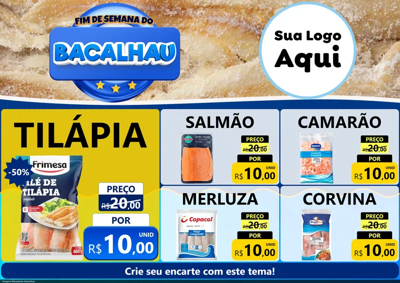 Modelo de Encarte para Encarte A4 Horizontal com o tema Fim de Semana do Bacalhau para Peixaria